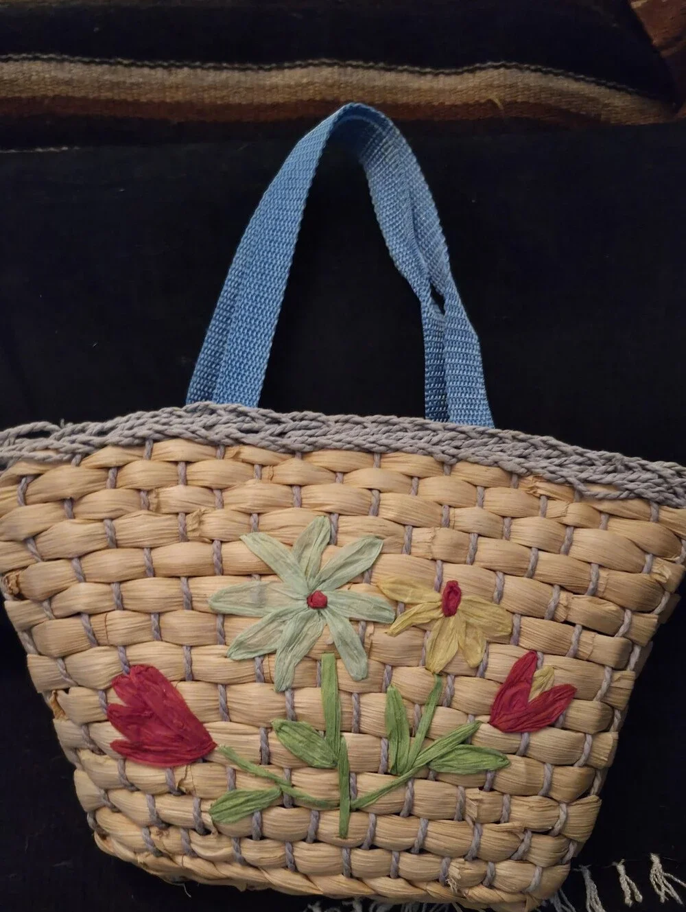 SMALL Woven Straw Floral Tote Bag with Blue Handles Hand Made